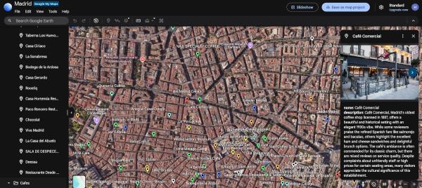 Offline map with hundreds of curated pins of the best places in Madrid, shown in Google Maps on a phone